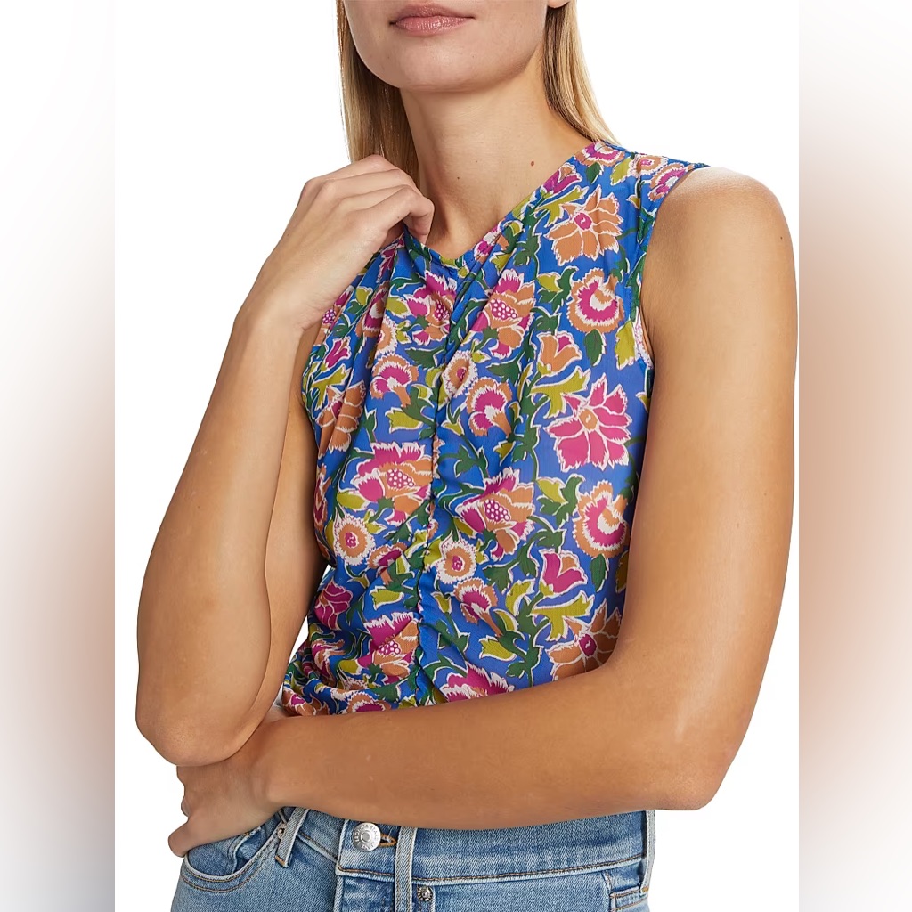 Veronica Beard $298 Tazmin Ruched Floral Mesh Top